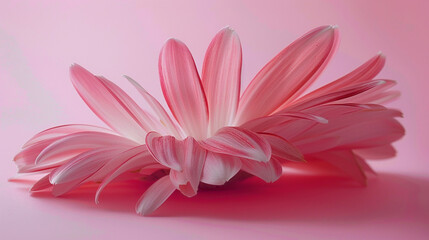 Gerbera daisy petals from a side angle, a high-definition glimpse into nature's artistry against a pastel pink surface.