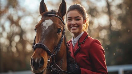 Obraz premium Woman in Red Jacket Standing Next to Brown Horse
