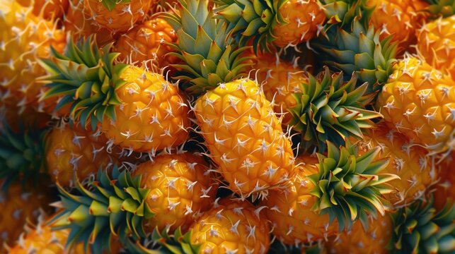A vibrant close-up of a pile of ripe pineapples. The golden yellow fruits with spiky green tops are perfect for a tropical treat. Some pineapples are cut into wedges, revealing their juicy yellow fles