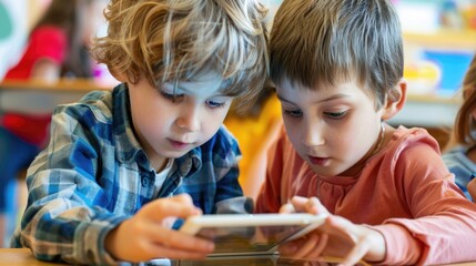 Two Children Concentrated on Using a Tablet Together, Learning with Technology, Collaborative Educational Play in Classroom