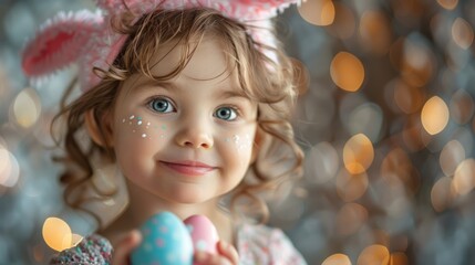 Fototapeta na wymiar Little Girl Wearing Bunny Ears Holding Blue and Pink Easter Egg