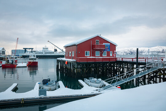 L&oslash;dingen, Norway - February 19, 2024: Scenic view of the harbor of L&oslash;dingen on Hinn&oslash;ya island, northern Norway.