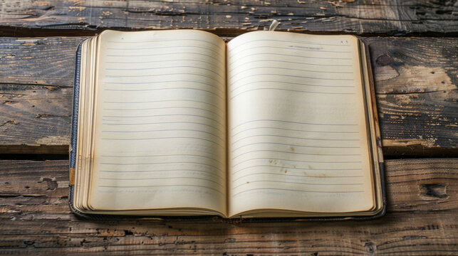 Vintage Opened Notebook on a Rustic Wooden Table