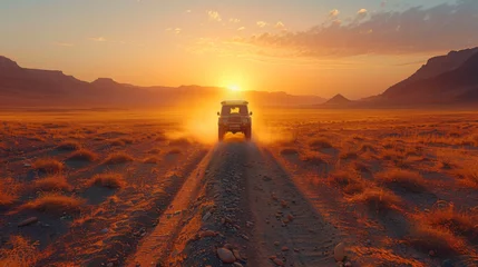 Fototapete Safari and travel to Africa, extreme adventures or science expedition in a stone desert. Sahara desert at sunrise, mountain landscape with dust on skyline, hills and traces of the off-road car. © Matthew