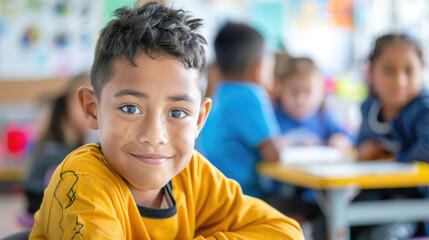 Smiling Boy in Classroom with Friends in Background