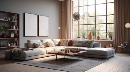 A stylish living room with a comfortable sectional, Smart Home gadgets, and an entertainment system