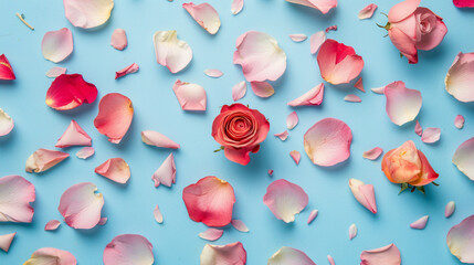 Overhead view of rose petals against a pastel blue backdrop in HD clarity. 