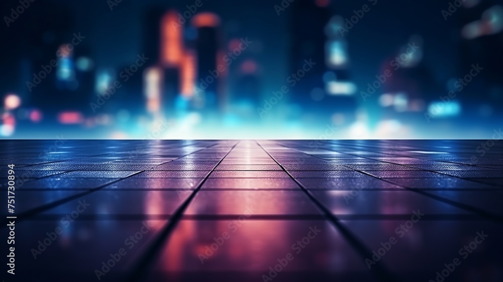 Wall mural light effect with blurred background - wet asphalt, night city view with neon reflections