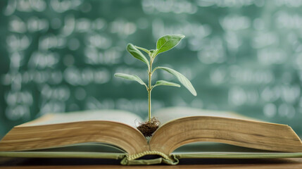 Plant Growing from Open Book on Wooden Desk Against Blackboard