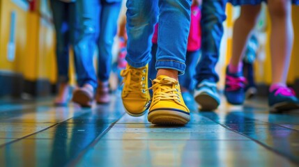 Dynamic Low Angle View of Kids' Feet in Colorful Sneakers Walking in School Hallway