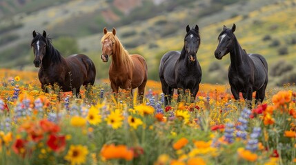Group of Horses Standing in Field of Flowers