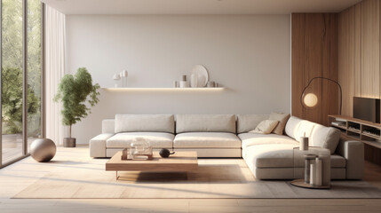 Fototapeta na wymiar A stylish living room with a comfortable sectional, Smart Home gadgets, and an entertainment system