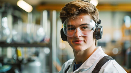 Serious Male Technician with Safety Glasses in Industrial Setting - Focused Work Concept