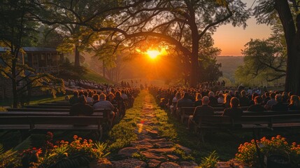 Group of People Sitting in Park at Sunset
