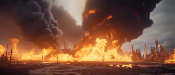 A catastrophic fire consumes an industrial facility under a somber dusk sky, with towering smoke and intense flames.