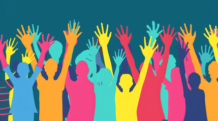 Multicolored Sea of Raised Hands, Diversity and Unity Concept