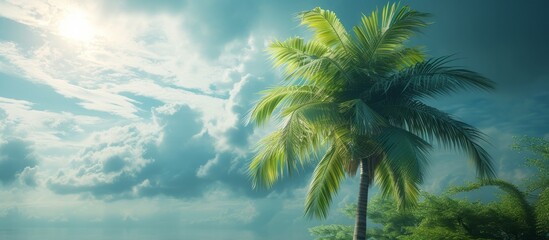 Tropical palm tree standing in the serene oasis of a crystal-clear lake surrounded by lush greenery