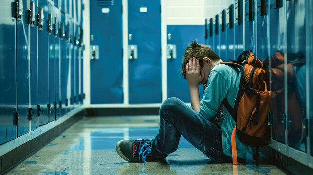 Boy Sitting Alone in School Hallway, Bullying Aftermath