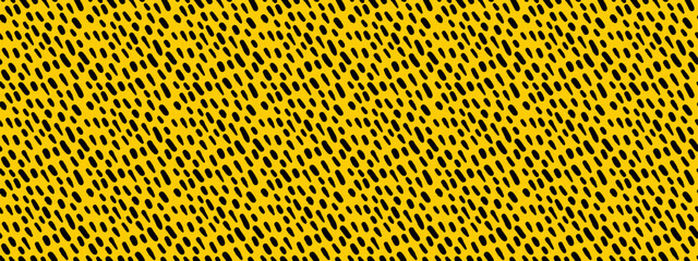 Seamless slash small dash doodle animal pattern. Vector geometric black on yellow illustration.