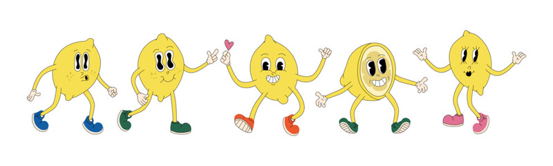 Retro groovy lemon set. Cartoon funky fruit vector illustration isolated on white background.