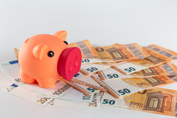 A pink pig piggy bank stands on a table covered with large quantity of euro banknotes on a light background
