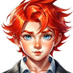 Crimson Charm: Watercolor Portraits of a Cute Boy Character with Red Hair in Various Outfits.(Generative AI)