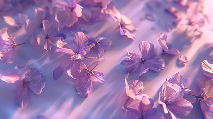 Lavender petals in a sunlit dance on a lilac background, viewed from above. 