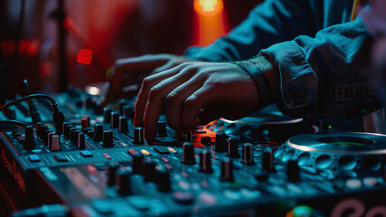 dj in action, close up of a dj at work, dj at the party, dj is mixing music at the party, dj deck close up