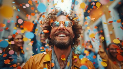 man Wearing Glasses Surrounded by Confetti