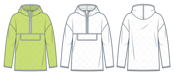 Hooded Jacket technical fashion Illustration. Unisex Lightweight Anorak fashion flat technical drawing template, quilted, half zipper, front, back view, white, lime, women, men, unisex CAD mockup set. © Liubov Hladka