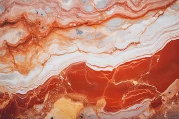 Fotobehang abstract marble texture background, close-up photo showcases a smooth, polished red and white marble surface with thin and thick veins running throughout. © Jiwa_Visual