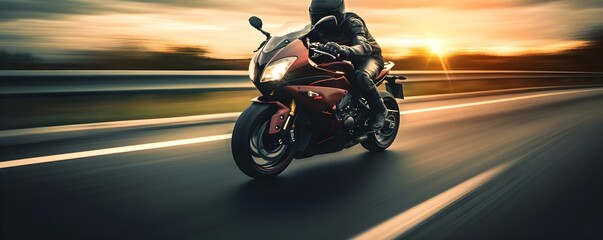 Solitary motorcycle rider speeding down the open motorway. Concept Motorcycle riding, Solitary journey, Open road, Speeding down, Motorway