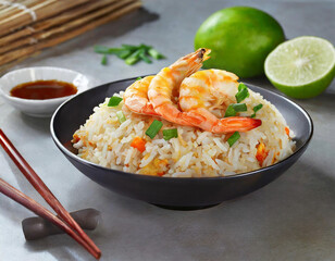 Chinese food, fried rice with shrimps. - obrazy, fototapety, plakaty
