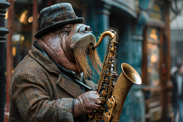 A walrus as a jazz musician playing the saxophone with gusto a whiskered artist of rhythm - obrazy, fototapety, plakaty