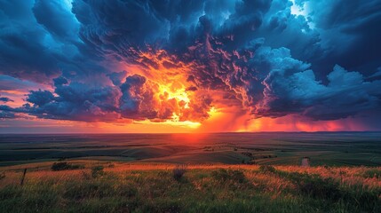 Sunset Over Grassy Field