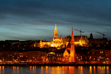 Matthias Church illuminated at night in Budapest, Hungary
