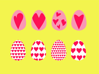 A set of eggs and hearts in the eggs. Upper row: big herts, some - geometrical made and some - hand drawn. Lower row: different patterns of small hearts. Easter celebration. Vector illustration.