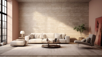 A stylish living room with a textured wall finish in subtle pastels