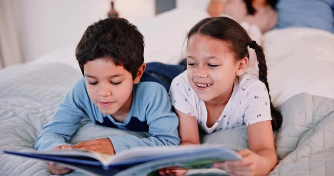 Boy, girl and book to read together for bonding or growth development, education and learning. Children, parents and lay on bed with story for bedtime or literature, storytelling and language skills.