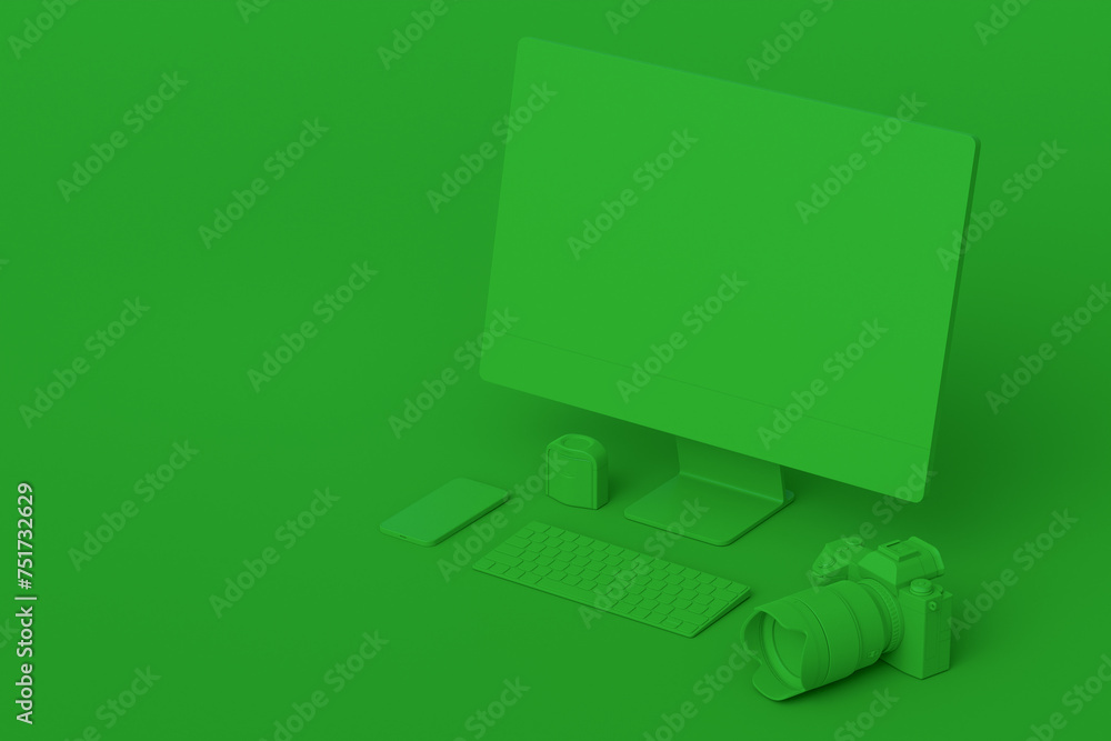 Poster desktop computer with keyboard, tablet, phone and dslr camera on monochrome
