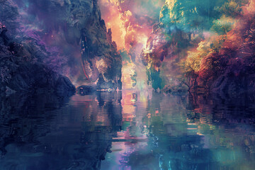 Fashion a mottled background that reflects the whimsy of a fantasy landscape, with ethereal colors and dreamlike textures blending to create a scene from another world - obrazy, fototapety, plakaty