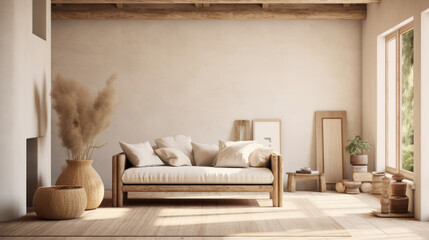 Fototapeta na wymiar A tranquil living room with a wooden truss ceiling, a rattan settee, and a natural cotton rug