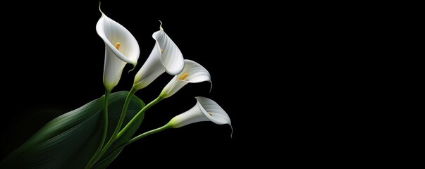 Deepest sympathy card with calla flower on black background. condolences on deaths. Funeral concept. copy space. digital ai art - Powered by Adobe