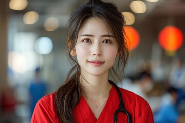 Obraz premium A genuine portrayal captures an everyday Chinese woman in her thirties, embodying the role of a dedicated nurse with quiet strength and compassion