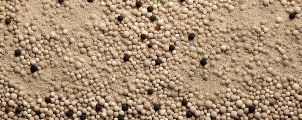 Milled white pepper powder pile, peppercorn background and texture