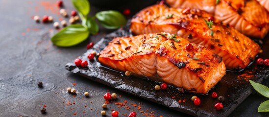 Freshly cooked salmon fillet on a rustic slate board with lemon and herbs