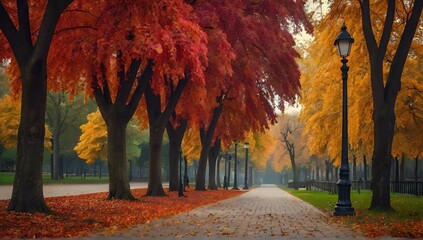 Autumn park with red flowers and empty alley, natural seasonal background - obrazy, fototapety, plakaty