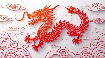 Chinese dragon papercut style on white background