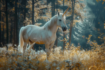 Capture the serenity and grace of a unicorn as it navigates through the ancient mystical landscape of the forest