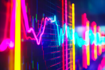 Up close look at a vibrant neon chart indicating a bullish trend in the market - obrazy, fototapety, plakaty